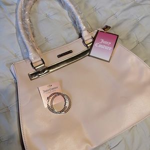 Juicy Couture baby pink/rose gold satchel w/new gold juicy hoop earrings